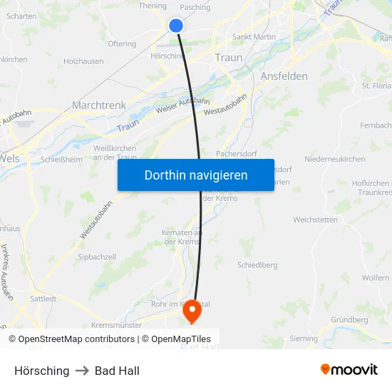 Hörsching to Bad Hall map