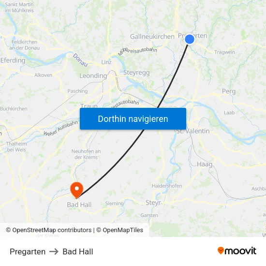 Pregarten to Bad Hall map
