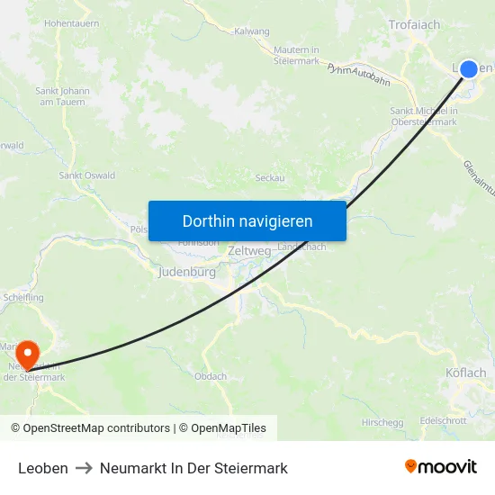 Leoben to Neumarkt In Der Steiermark map