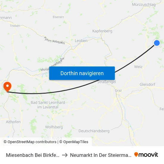 Miesenbach Bei Birkfeld to Neumarkt In Der Steiermark map