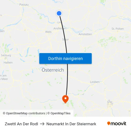 Zwettl An Der Rodl to Neumarkt In Der Steiermark map