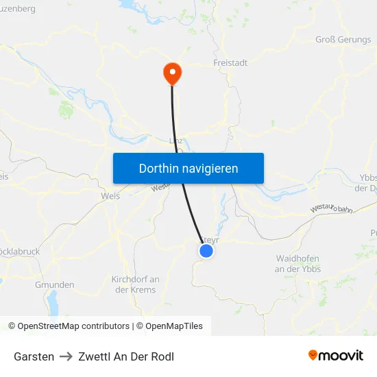 Garsten to Zwettl An Der Rodl map