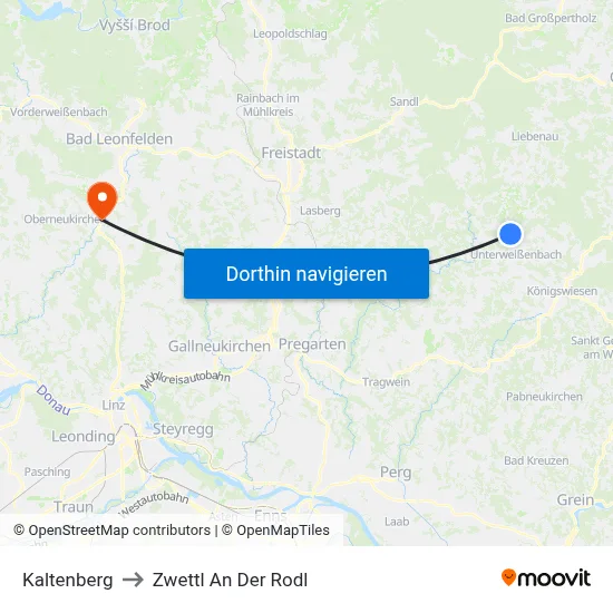 Kaltenberg to Zwettl An Der Rodl map