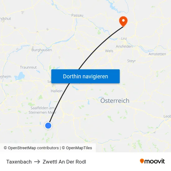 Taxenbach to Zwettl An Der Rodl map