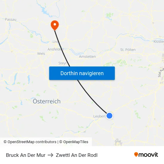 Bruck An Der Mur to Zwettl An Der Rodl map