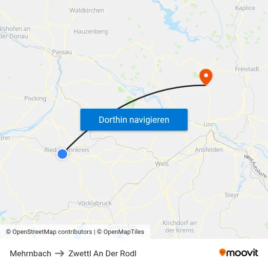 Mehrnbach to Zwettl An Der Rodl map