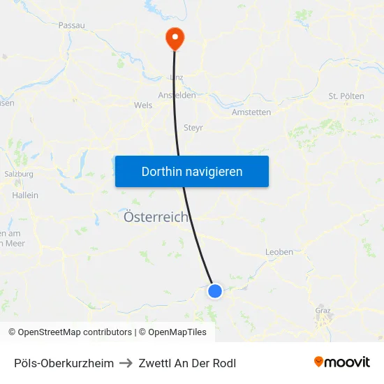Pöls-Oberkurzheim to Zwettl An Der Rodl map