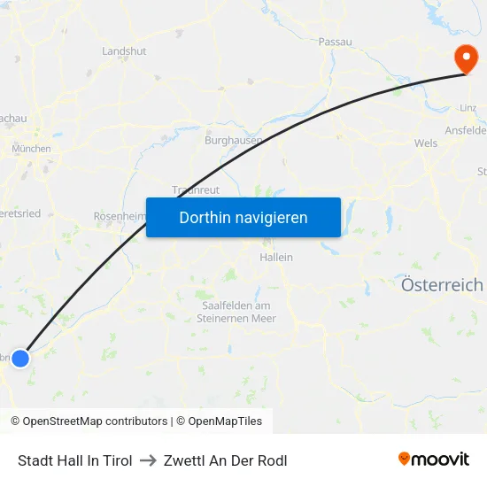 Stadt Hall In Tirol to Zwettl An Der Rodl map