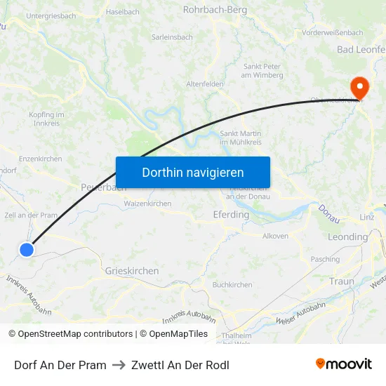 Dorf An Der Pram to Zwettl An Der Rodl map