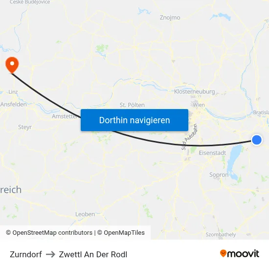 Zurndorf to Zwettl An Der Rodl map