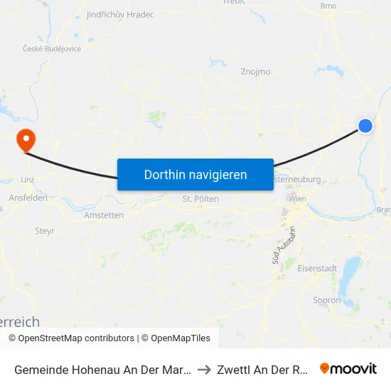 Gemeinde Hohenau An Der March to Zwettl An Der Rodl map