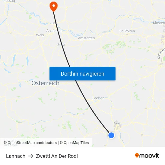 Lannach to Zwettl An Der Rodl map