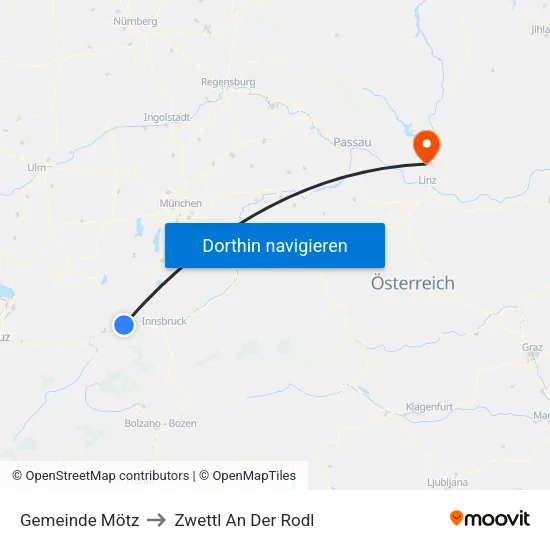 Gemeinde Mötz to Zwettl An Der Rodl map