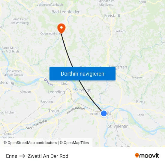 Enns to Zwettl An Der Rodl map