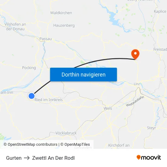 Gurten to Zwettl An Der Rodl map