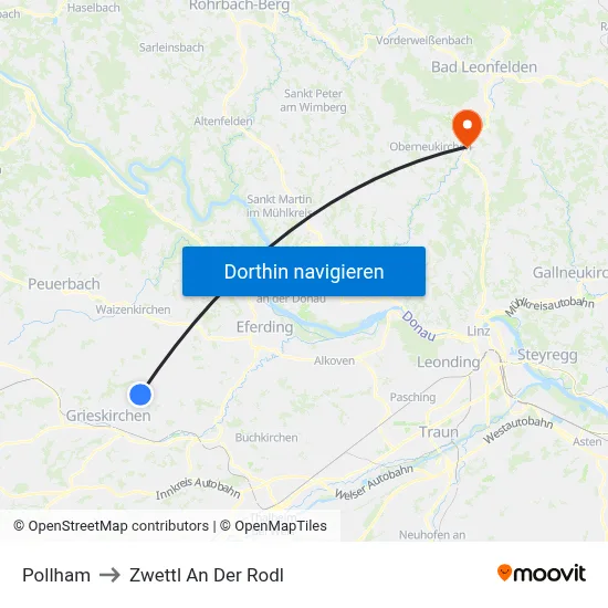 Pollham to Zwettl An Der Rodl map
