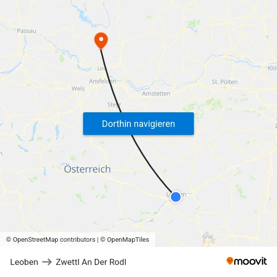 Leoben to Zwettl An Der Rodl map