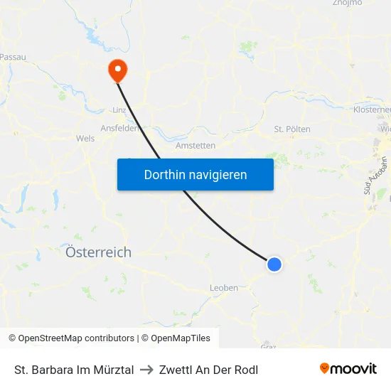 St. Barbara Im Mürztal to Zwettl An Der Rodl map