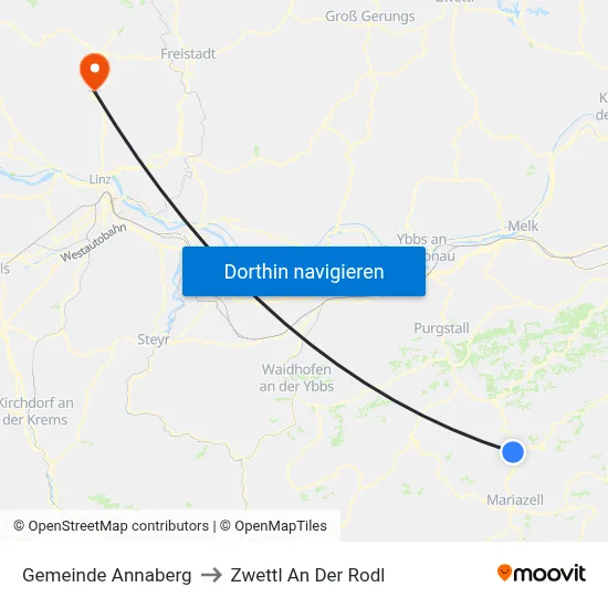Gemeinde Annaberg to Zwettl An Der Rodl map