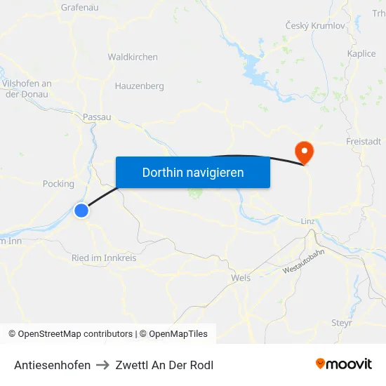 Antiesenhofen to Zwettl An Der Rodl map