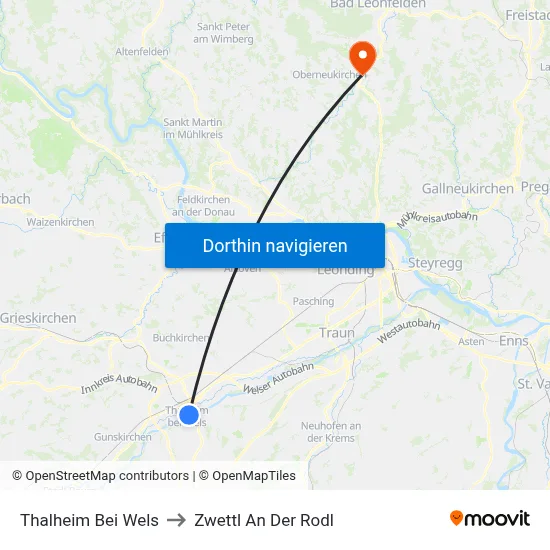 Thalheim Bei Wels to Zwettl An Der Rodl map