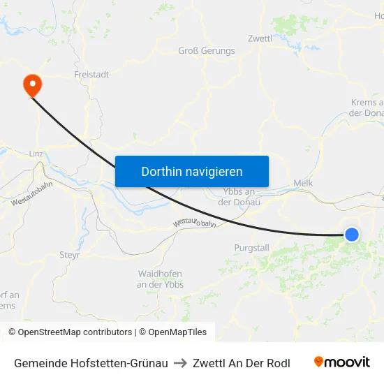 Gemeinde Hofstetten-Grünau to Zwettl An Der Rodl map