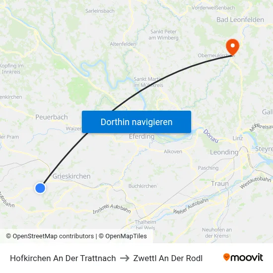 Hofkirchen An Der Trattnach to Zwettl An Der Rodl map