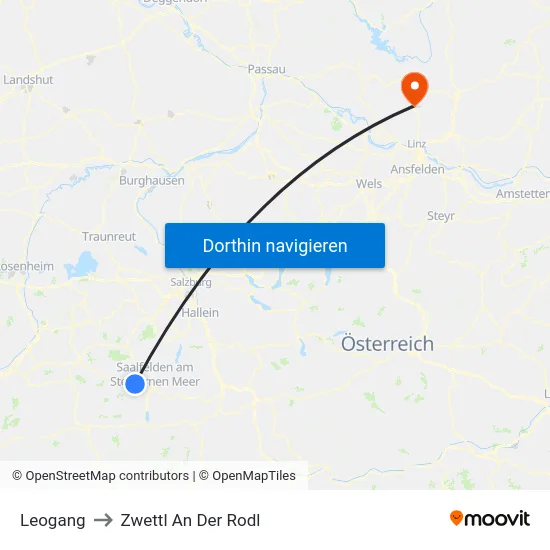 Leogang to Zwettl An Der Rodl map