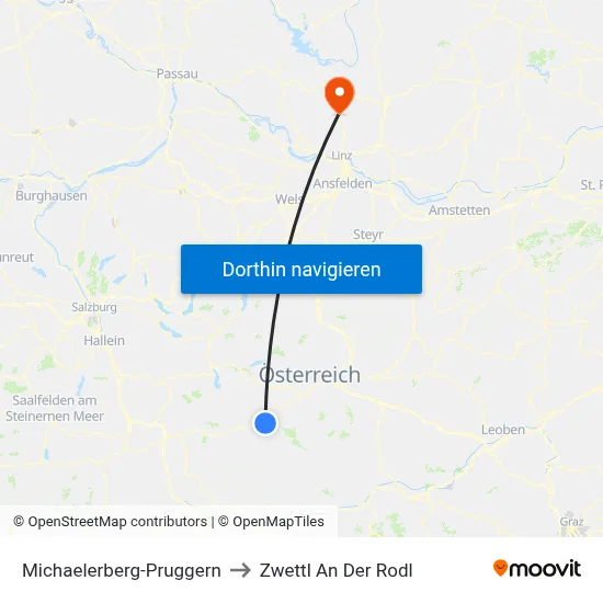 Michaelerberg-Pruggern to Zwettl An Der Rodl map