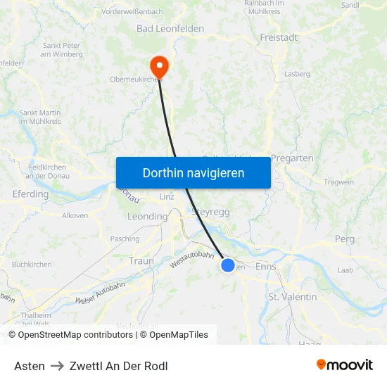 Asten to Zwettl An Der Rodl map