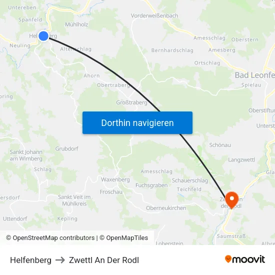 Helfenberg to Zwettl An Der Rodl map