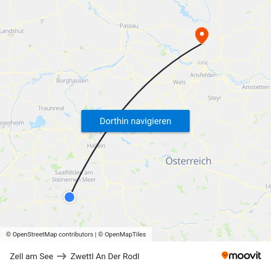Zell am See to Zwettl An Der Rodl map
