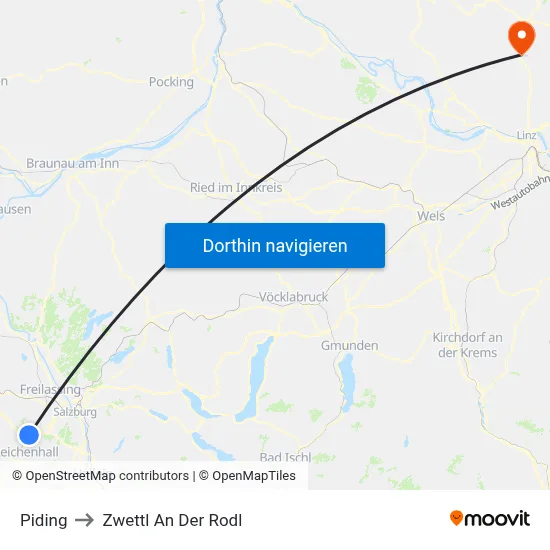 Piding to Zwettl An Der Rodl map