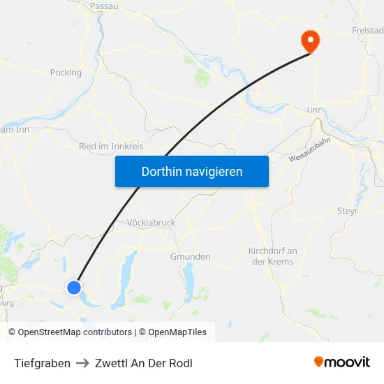 Tiefgraben to Zwettl An Der Rodl map