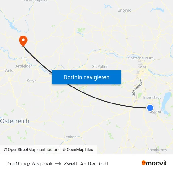 Draßburg/Rasporak to Zwettl An Der Rodl map