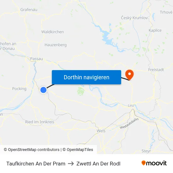 Taufkirchen An Der Pram to Zwettl An Der Rodl map