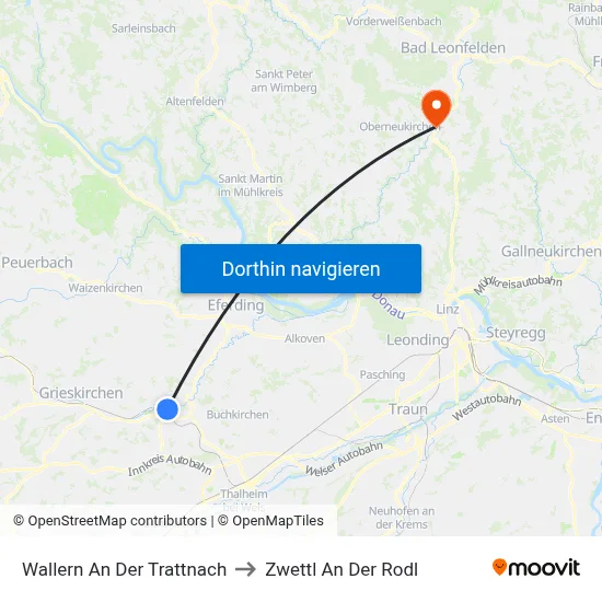 Wallern An Der Trattnach to Zwettl An Der Rodl map