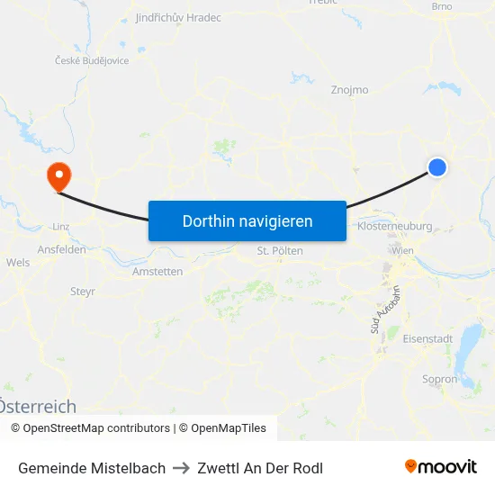 Gemeinde Mistelbach to Zwettl An Der Rodl map