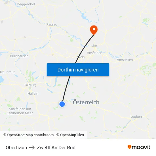 Obertraun to Zwettl An Der Rodl map