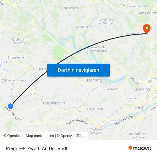 Pram to Zwettl An Der Rodl map