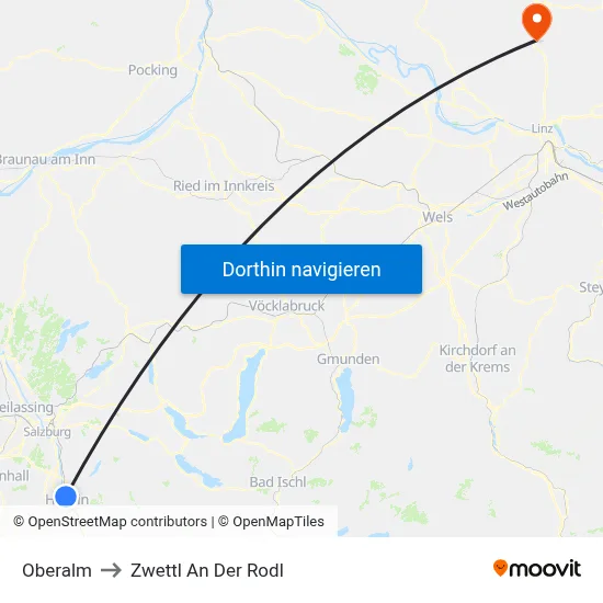 Oberalm to Zwettl An Der Rodl map
