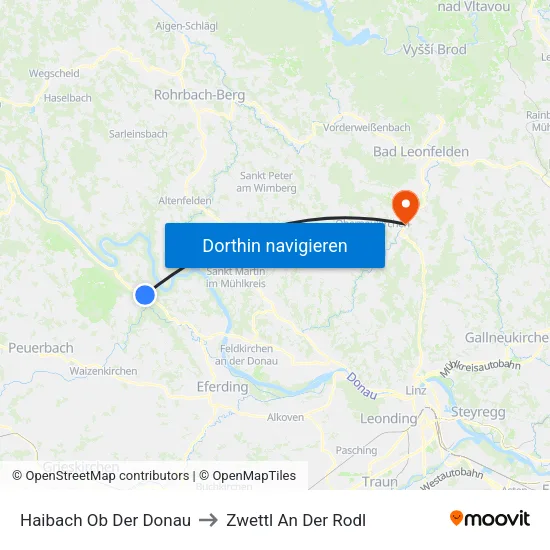 Haibach Ob Der Donau to Zwettl An Der Rodl map