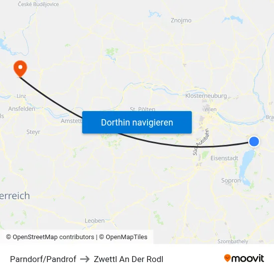 Parndorf/Pandrof to Zwettl An Der Rodl map