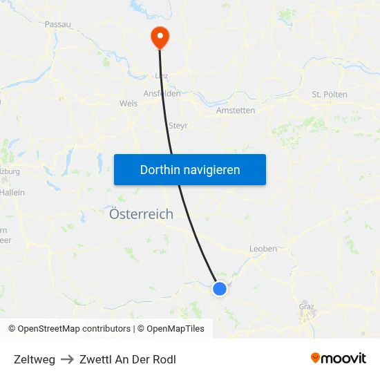 Zeltweg to Zwettl An Der Rodl map
