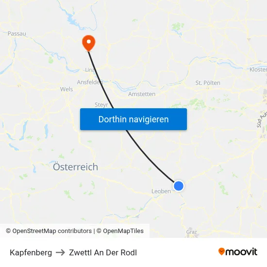 Kapfenberg to Zwettl An Der Rodl map