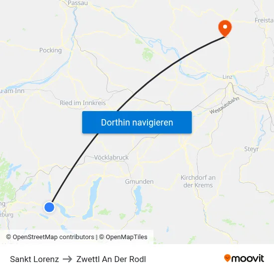 Sankt Lorenz to Zwettl An Der Rodl map