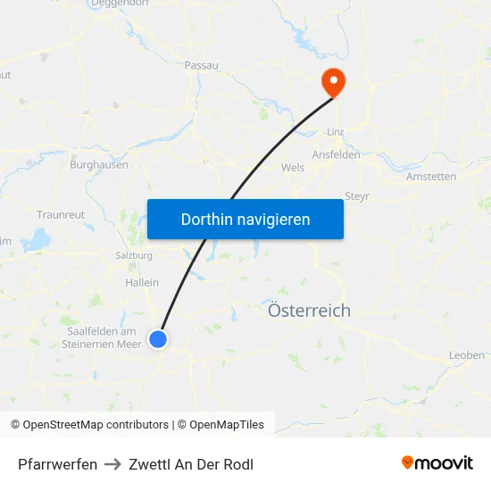 Pfarrwerfen to Zwettl An Der Rodl map