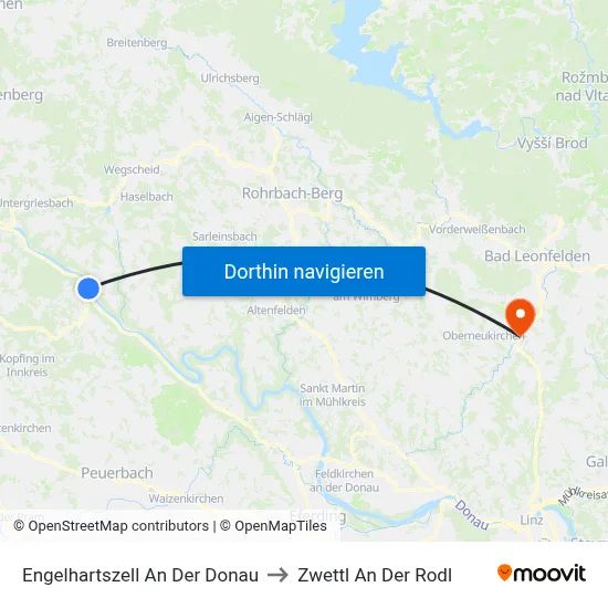 Engelhartszell An Der Donau to Zwettl An Der Rodl map