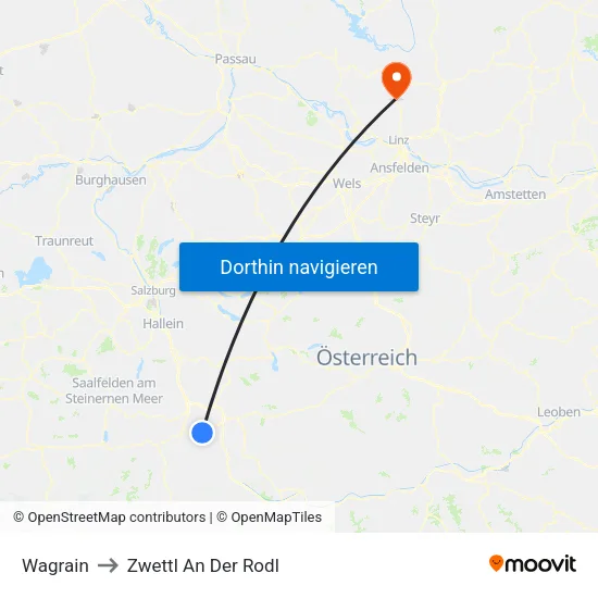 Wagrain to Zwettl An Der Rodl map