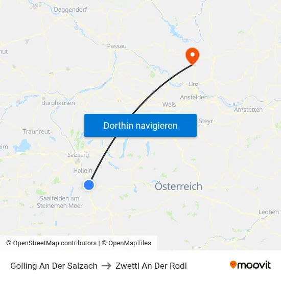 Golling An Der Salzach to Zwettl An Der Rodl map